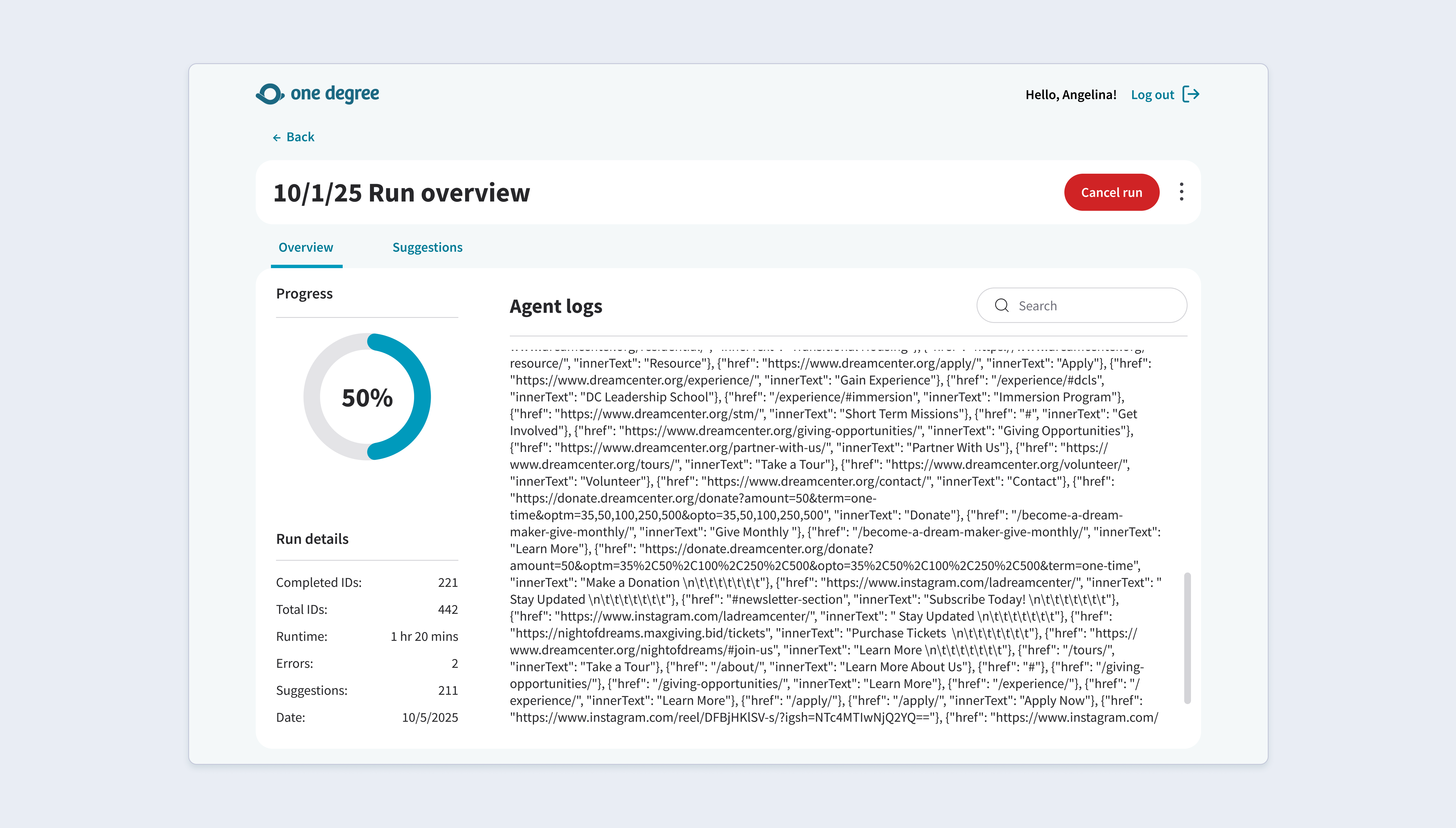 Run status and live logs