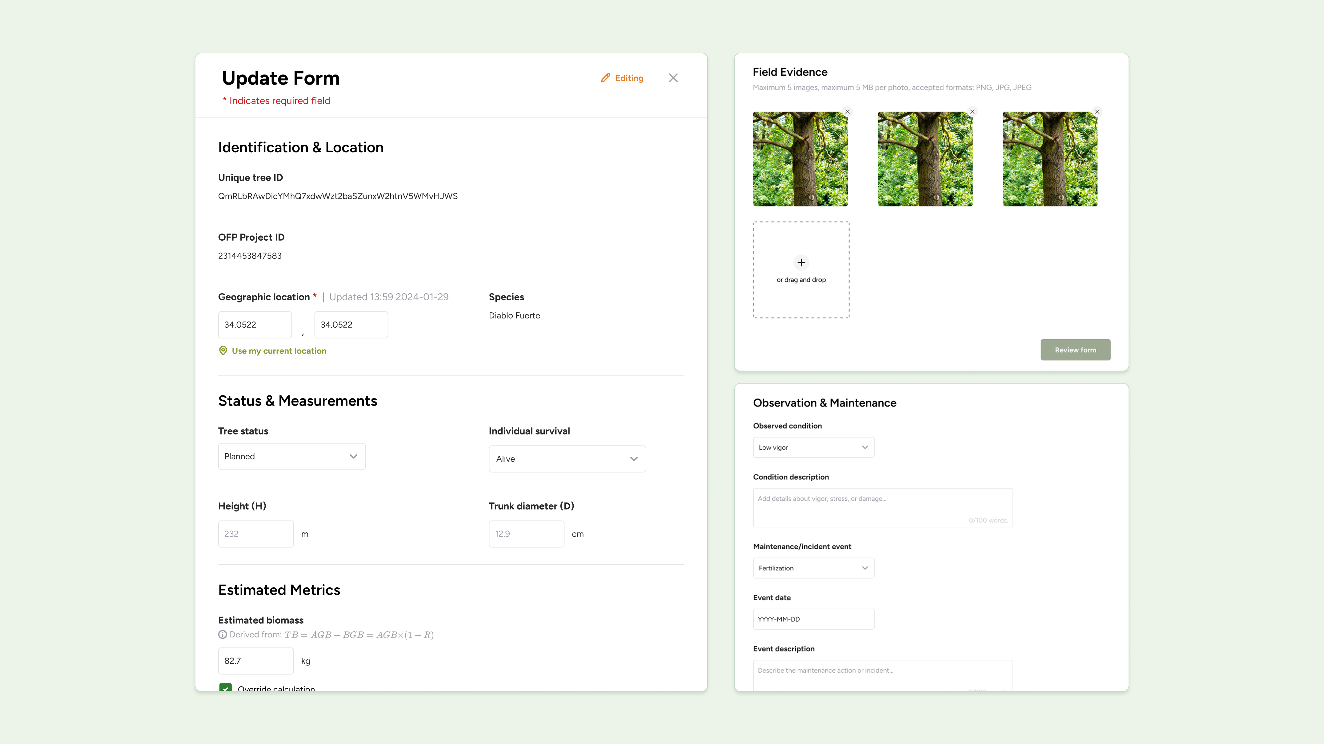 Tree update form